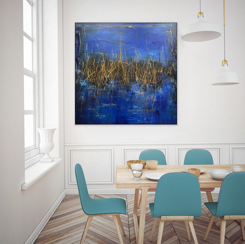 Large Abstract Blue and Gold Nature Art Original Landscape Paintings On Canvas Modern Wall Art for Home Decor