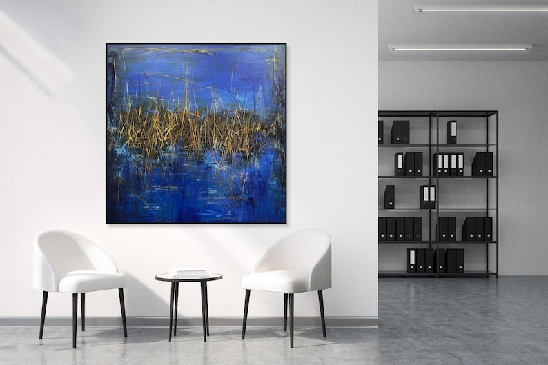 Large Abstract Blue and Gold Nature Art Original Landscape Paintings On Canvas Modern Wall Art for Home Decor