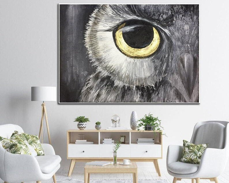 Abstract Owl Oil Painting On Canvas Original Bird Artwork Owl Eye Modern Wall Art Decor for Living Room