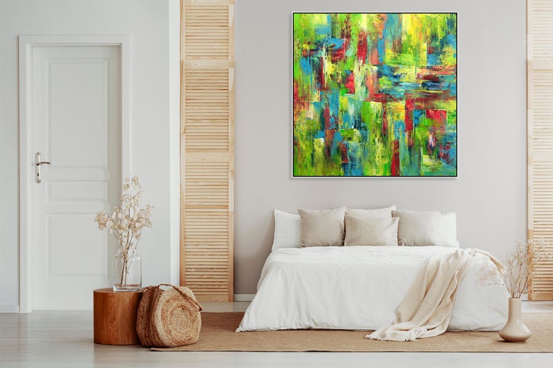 Large Abstract Colorful Canvas Art Modern Geometric Painting with Bold Green Blue and Red Tones Textured Wall Art Contemporary Living Room