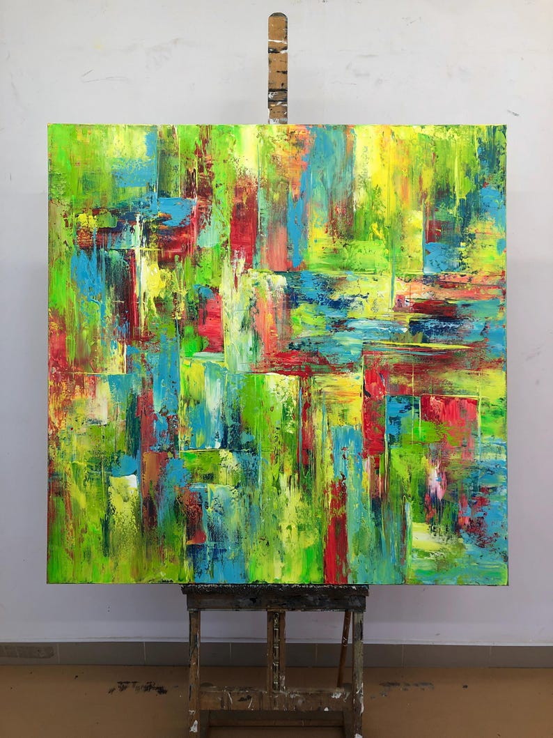 Modern Wall Art Abstract Colorful Large Canvas Art Green Blue and Red Tones Original Textured Wall Art Contemporary Living Room Wall Decor