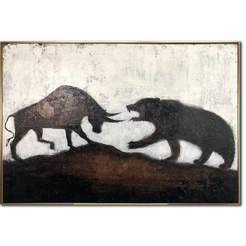 Abstrakt dyremaleri på lærred Vægkunst til børsen Kunstværk til børsen Maleri af tyr og bjørn Angribende tyr Kunst Gave til handlende