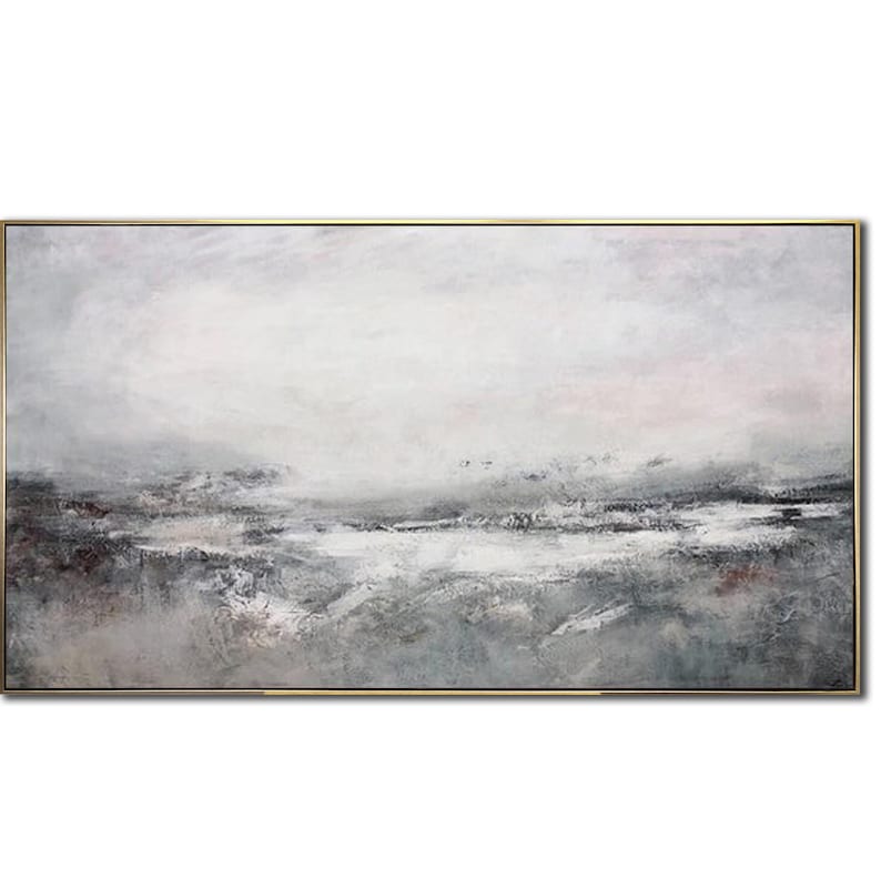 Stort maleri på lærred, gråt oliemaleri, sort-hvid vægkunst, naturlærredskunst, landskabsmaleri, ekspressionistisk kunst, stueindretning