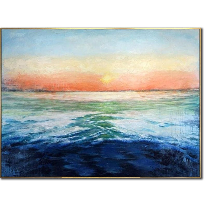 Ocean Sunset Art Modern Sunrise Wall Decor Water Landscape Art Coastal Seascape Painting