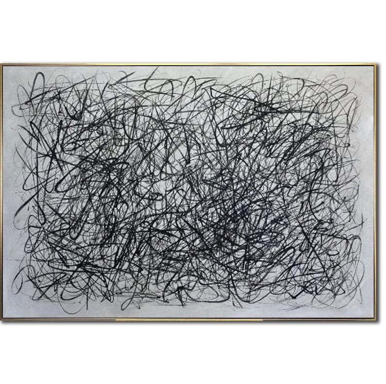 Large Original Abstract Black and White Lines Paintings On Canvas Modern Minimalist Painting Wall Decor