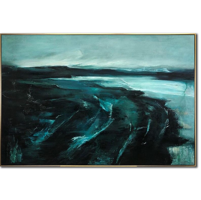 Extra Large Dark Green Seascape Paintings On Canvas Abstract Ocean Painting Navy Blue Fine Art Modern Oil Painting for Living Room Decor