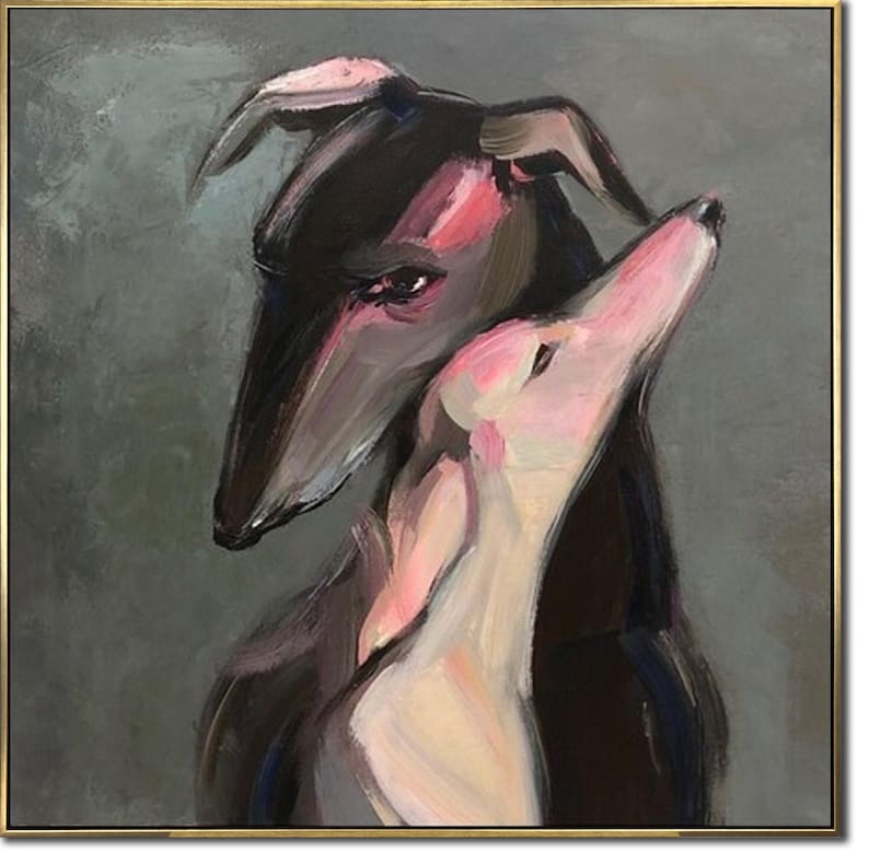 Abstract Dog Paintings On Canvas Romantic Wall Art Greyhound Art In Gray, Black And White Colors Pet Painting Hand Pained Art Wall Decor