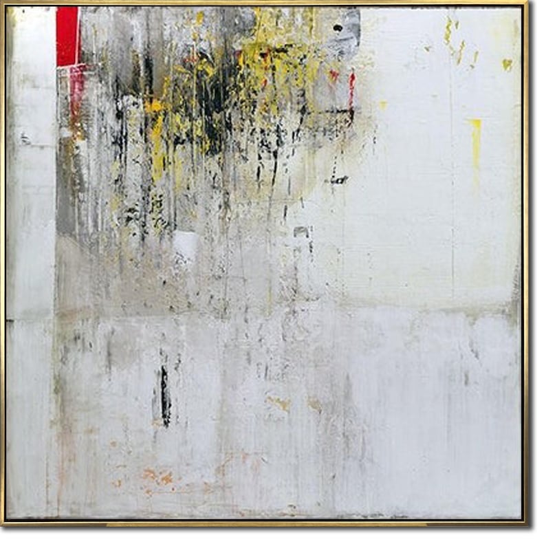 Abstract Minimalist Textured Painting – Large White Canvas with Hints of Yellow and Red for Contemporary Wall Decor