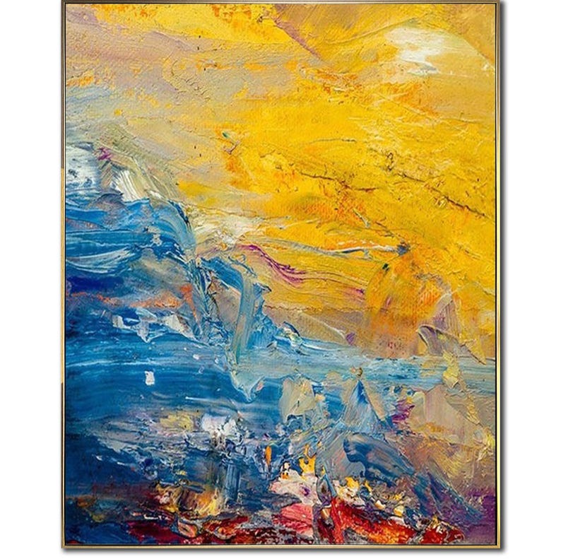 Large Abstract Landscape Paintings On Canvas, Original Blue And Yellow Painting, Modern Wall Hanging Decor, Acrylic Handmade Wall Art