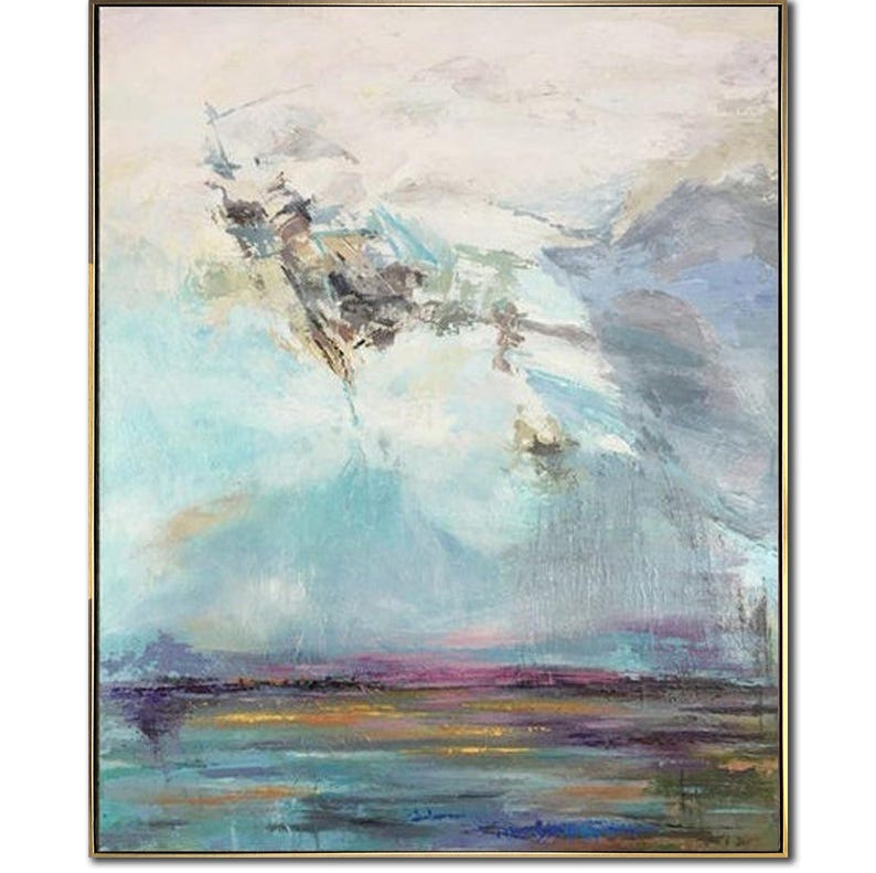 Large Original Landscape Painting On Canvas Abstract Modern Art Textured Oil Painting Blue Acrylic Painting for Living Room Wall Decor
