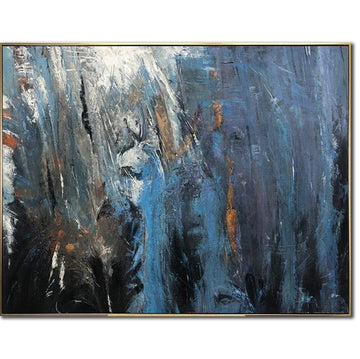 Abstrakte blå malerier på lærred, moderne oliemaleri, kraftigt tekstureret kunstværk, kreativt skandinavisk kunstværk til vægdekoration i stuen