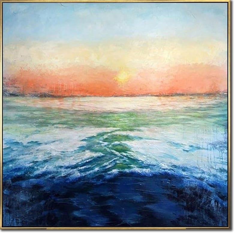 Abstract Sunset Over The Ocean Paintings On Canvas, Original Seascape Painting, Textured Boho Style Art, Handmade Painting for Home Decor