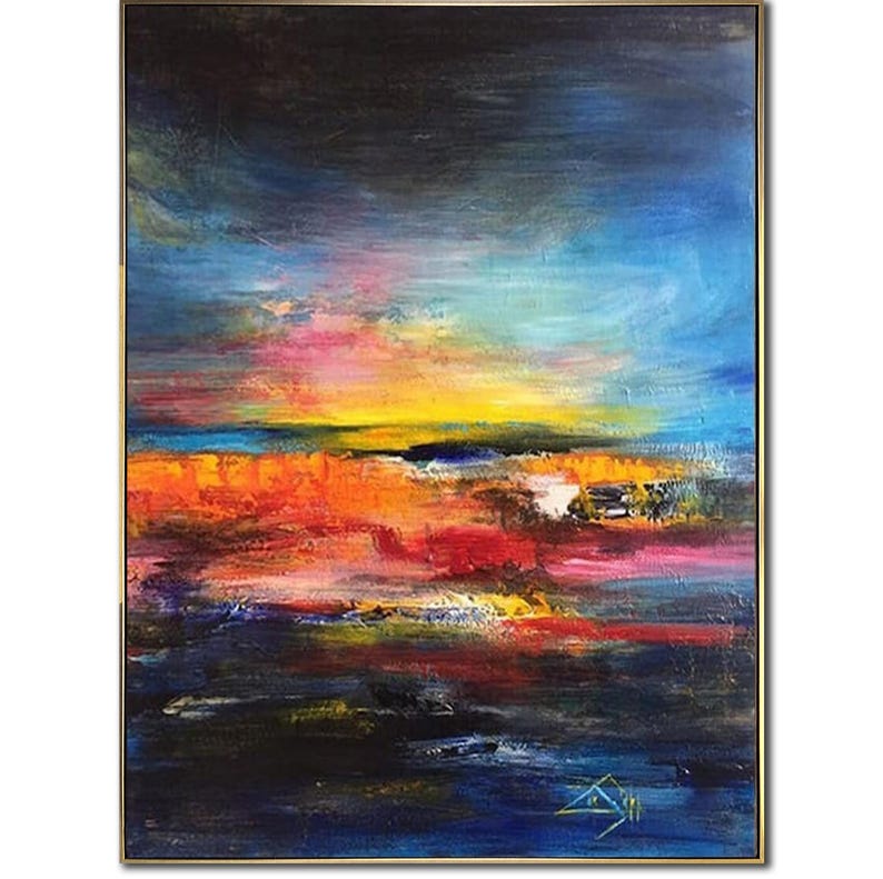 Abstract Painting Colorful Painting Sunset Painting Canvas Blue Painting Modern Textured Sunset Painting for Living Room COLORFUL SUNSET