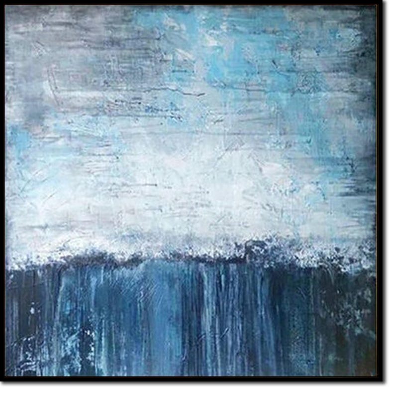 Large Abstract Blue Paintings On Canvas Neutral Minimalist Artwork Luxury Painting Heavy Textured Artwork for Living Room Wall Decor