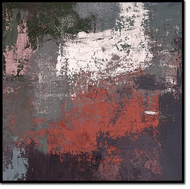 Abstract Gray Oil Painting Minimalist Artwork Red Textured Wall Art Original Modern Decor for Living Room