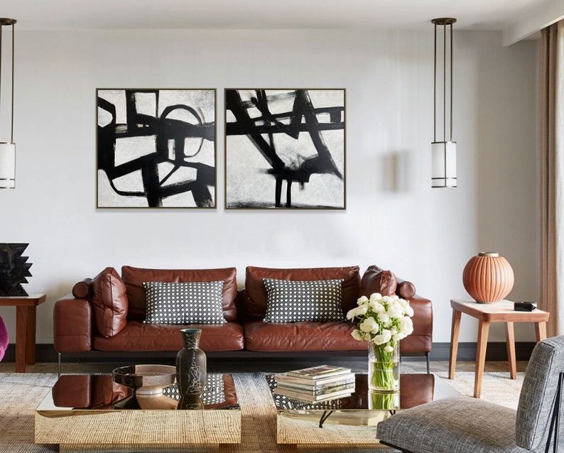 Abstrakt sort-hvid Franz Kline-stil sæt med 2 malerier på lærred, geometrisk minimalistisk kunstværk, originalt oliemaleri til boligindretning