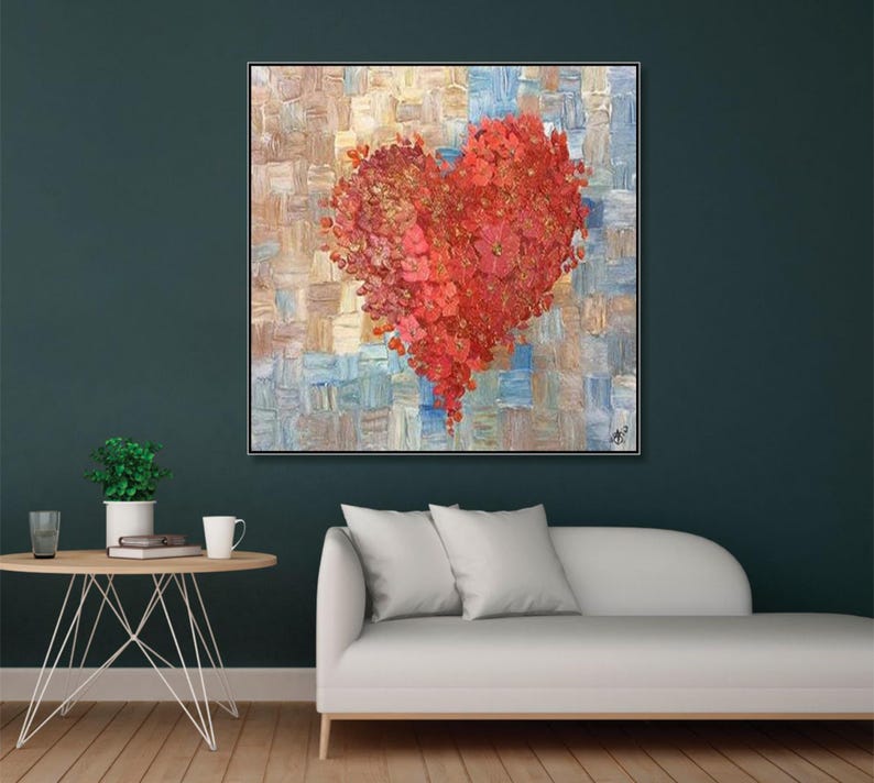 Original Red Heart Acrylic Painting Red Flowers Textured Wall Hanging Artwork Romantic Decor for Bedroom