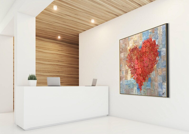 Original Red Heart Acrylic Painting Red Flowers Textured Wall Hanging Artwork Romantic Decor for Bedroom