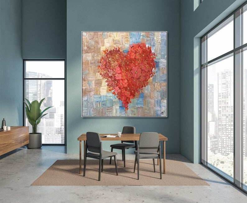 Original Red Heart Acrylic Painting Red Flowers Textured Wall Hanging Artwork Romantic Decor for Bedroom