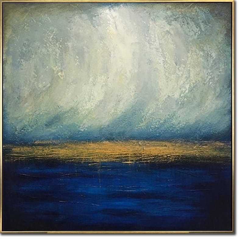 Large Abstract Canvas Art Ocean Painting Abstract Blue Sky Acrylic Painting Modern Abstract Artwork Blue Sea Abstract Painting Office Decor