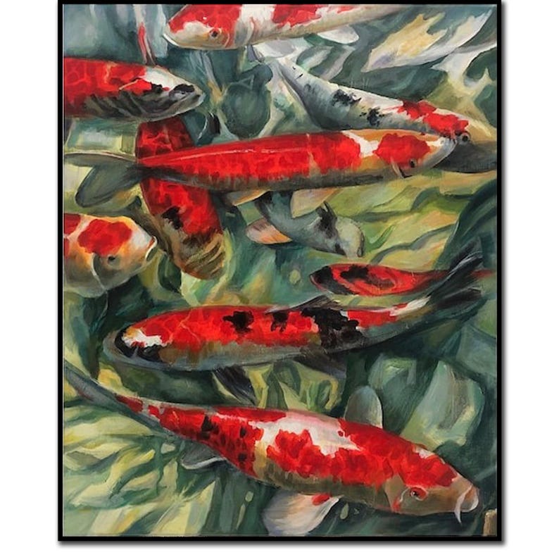 Koi Fish Oil Painting On Canvas Modern Wall Art Feng Shui Painting Koi Fish Feng Shui Carp Pond Oil Painting on Canvas Wall Art
