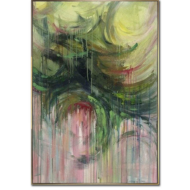 Extra Large Abstract Expressionist Paintings On Canvas in Green And Pink Colors Textured Fine Art Contemporary Wall Art for Living Room