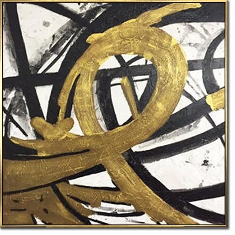 Gold Abstract Painting, Modern Black and White Wall Art, Hand-Painted Minimalist Canvas, Contemporary Geometric Art for Home Decor