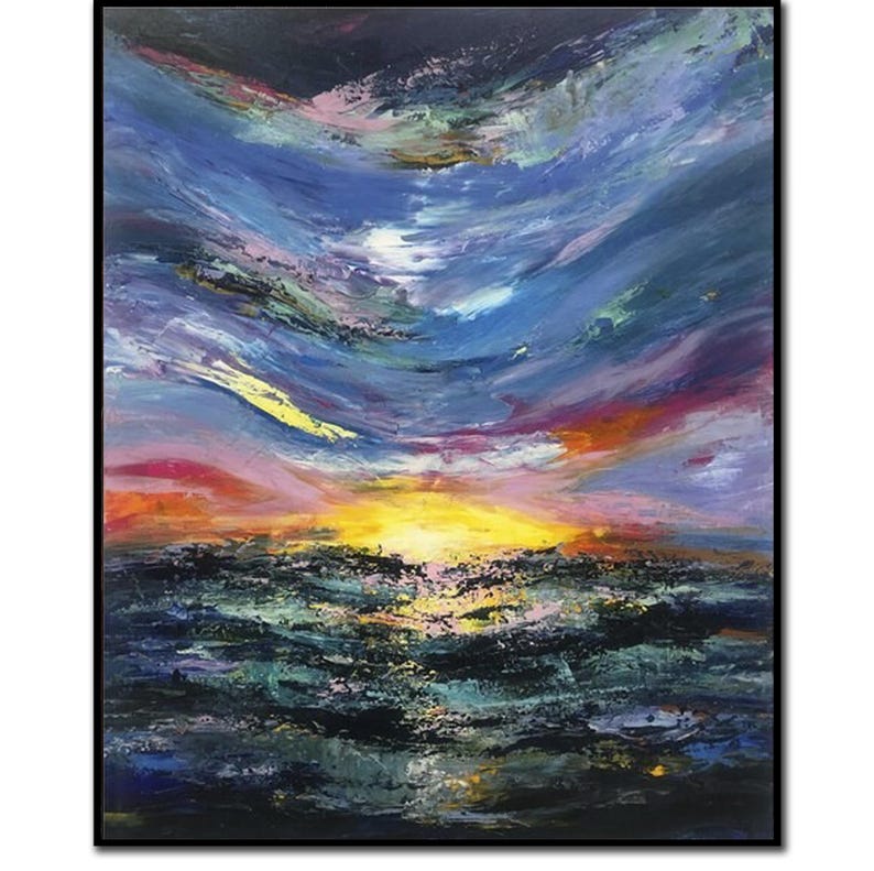 Sunset Painting Ocean Waves Wall Art Framed Statement Wall Art Large Canvas Painting Colorful Wall Art Abstract Seascape Art Sky Landscape