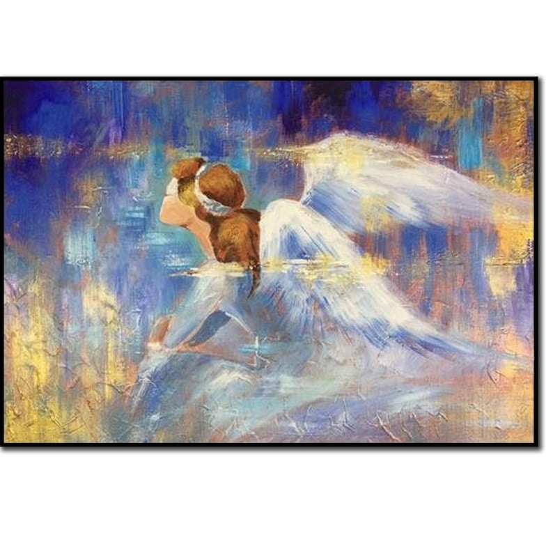 Abstract Impressionism Paintings On Canvas In Blue And Gold Colors Angel Painting Abstract Fine Art Textured Handmade Art for Living Room