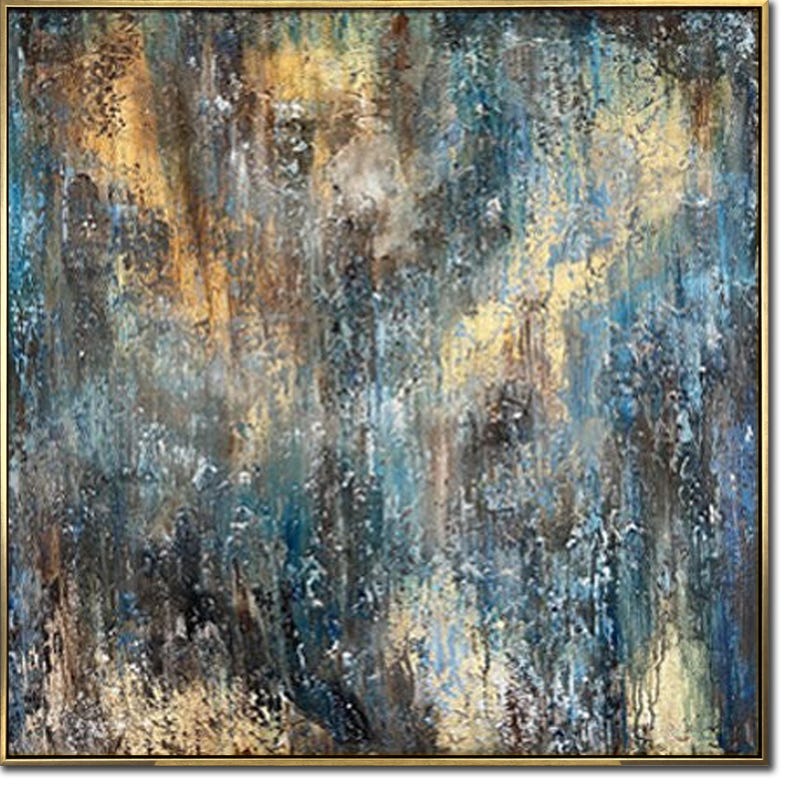 Abstrakt tekstureret vægkunstmaleri blå og gyldne nuancer på lærred trendy vægkunst stort oliemaleri originalt maleri kontorvægdekoration