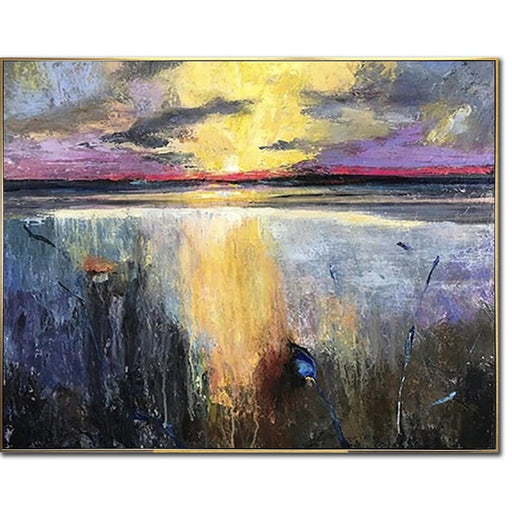 Sunset Painting Original Painting Golden Sunset Tranquil Lake Painting Coastal Wall Decor Living Room Decor Framed Art Apartment Wall Art