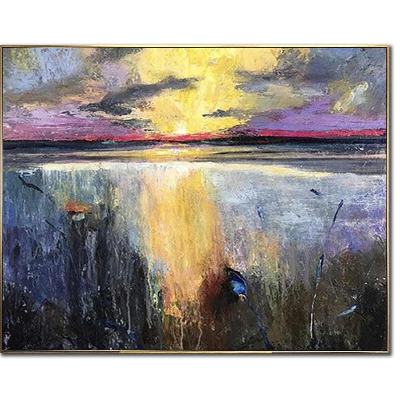 Sunset Painting Original Painting Golden Sunset Tranquil Lake Painting Coastal Wall Decor Living Room Decor Framed Art Apartment Wall Art