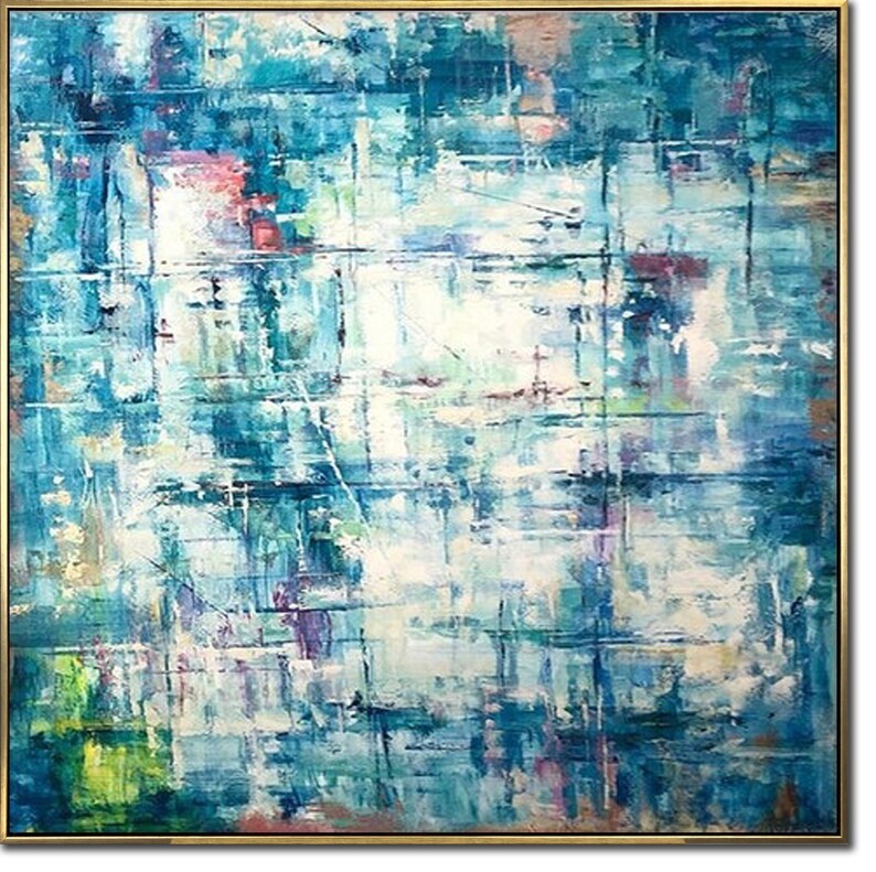 Blue Painting Abstract Aqua Blue Canvas Textured Wall Art Bedroom Decor Large Art Housewarming Gift Apartment Wall Art Framed Art