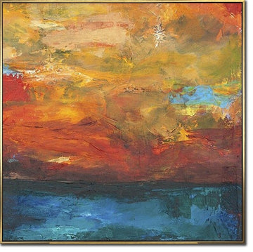 Bright Orange and Blue Sunset Ocean View. Abstract Seascape Wall Art Handmade on Canvas for Unique Home and Office Decor