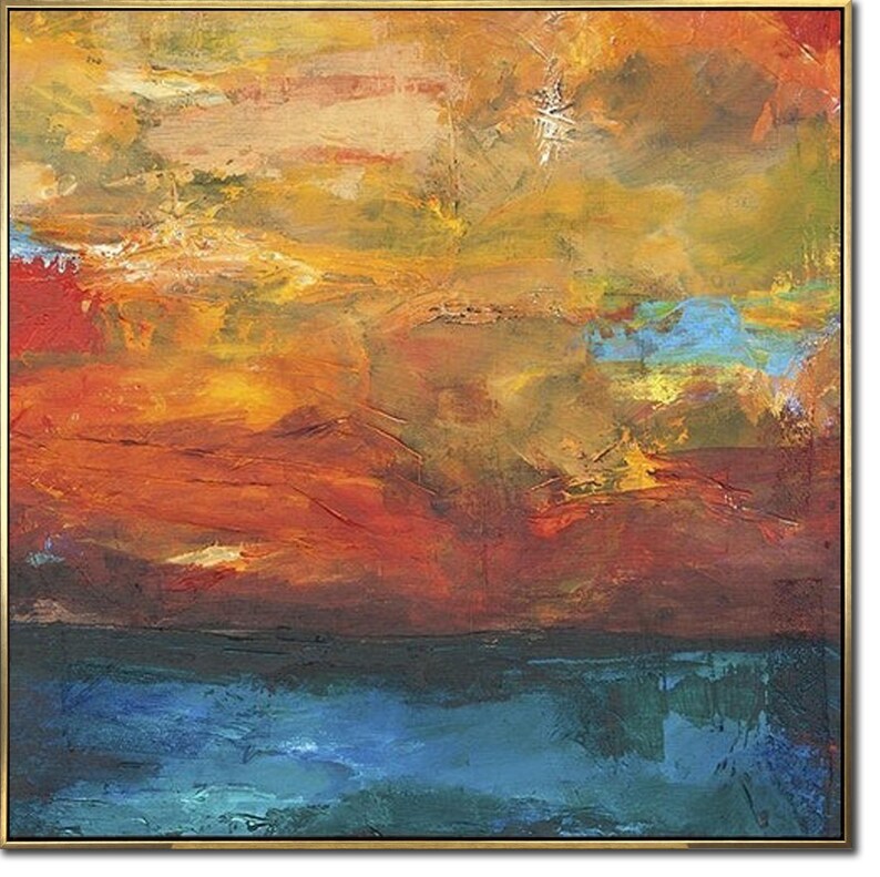 Bright Orange and Blue Sunset Ocean View. Abstract Seascape Wall Art Handmade on Canvas for Unique Home and Office Decor
