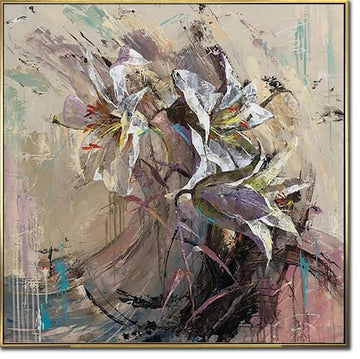 Abstract Flowers Painting on Canvas Modern Floral Artwork Neutral Wall Art Original Lily Painting Modern Oil Art for Aesthetic Room Decor
