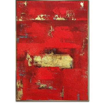 Abstract Red Painting on Canvas Minimalist Wall Art Gold Leaf Artwork Royal Red Wall Art Original Oil Painting for Aesthetic Room Decor