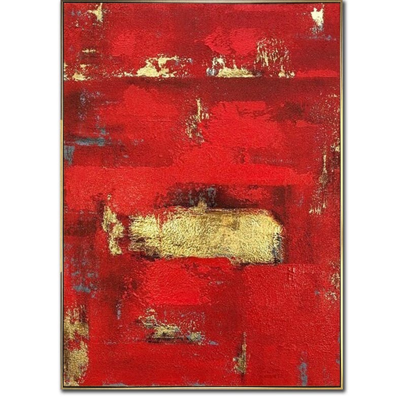 Abstract Red Painting on Canvas Minimalist Wall Art Gold Leaf Artwork Royal Red Wall Art Original Oil Painting for Aesthetic Room Decor