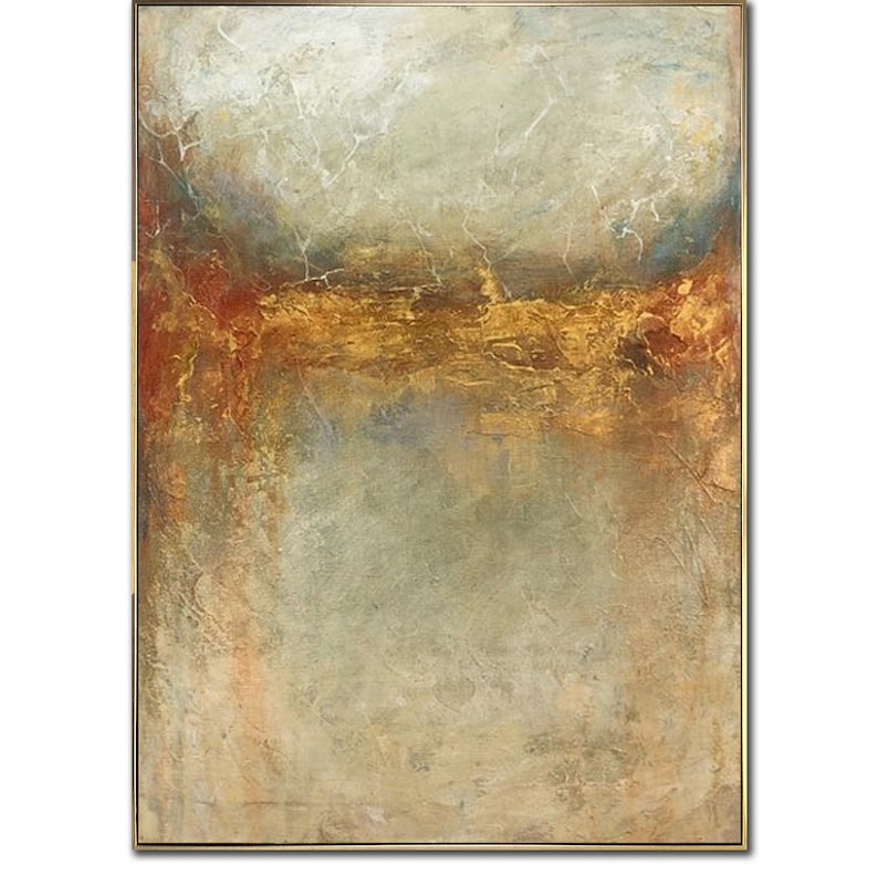 Abstrakt beige maleri på lærred, vægkunst med bladguld, kraftig tekstureret oliemaleri, moderne vægkunst, bestilt maleri til stuen