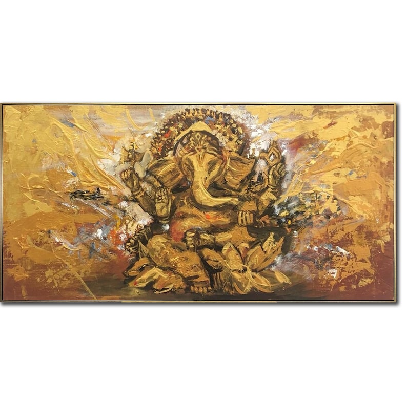 Large Gold Painting Ganesha Original Canvas Ganesha Canvas Wall Art Elephant Painting Buddhism Acrylic Canvas Buddha Painting Ganesha gift