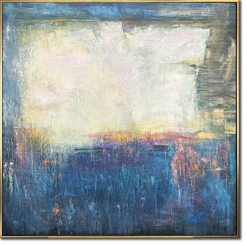 Abstract Landscape Painting - Original Handmade Artwork in Blue and Soft Pastels for Modern Home Decor