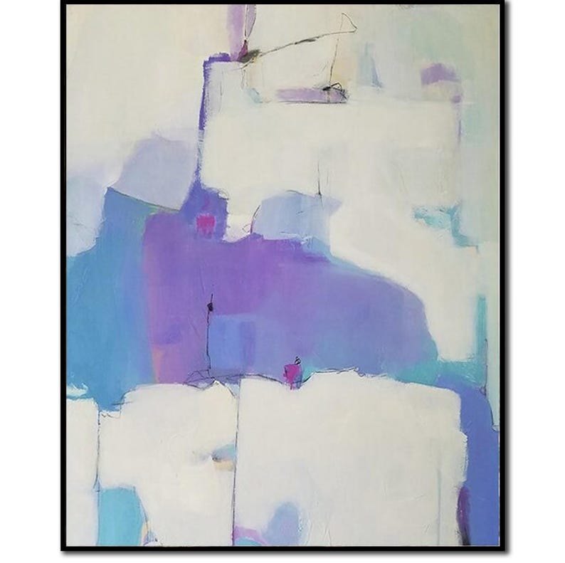 Modern Abstract Painting - Original Handmade Artwork in White and Lavender Tones for Minimalist Decor