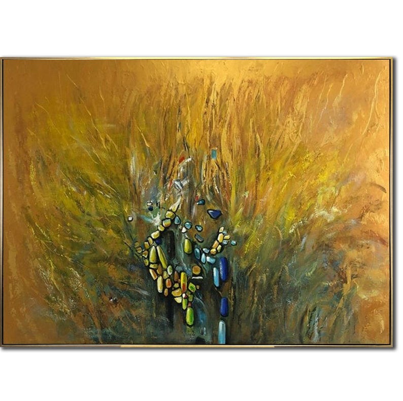 Golden Abstract Painting on Canvas Modern Wall Art with Blue and Green Accents Textured Original Large Contemporary Artwork