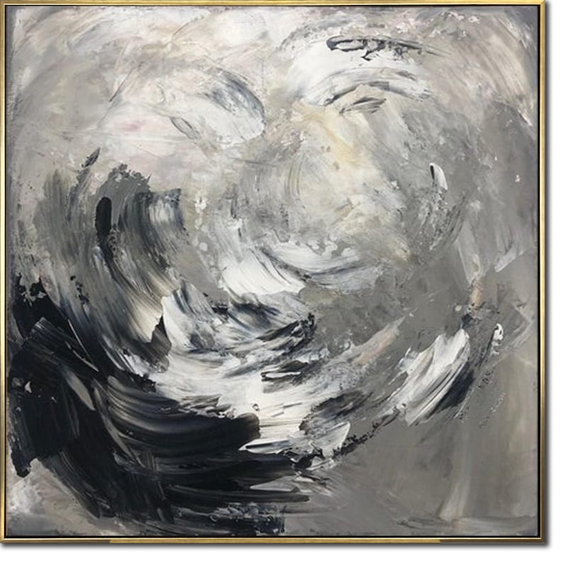 Original Monochrome Custom Oil Painting Black and White Artwork Modern Abstract Gray and Silver Wall Art Decor for Bedroom