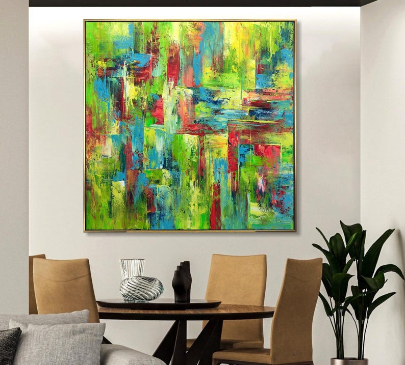 Large Abstract Colorful Canvas Art Modern Geometric Painting with Bold Green Blue and Red Tones Textured Wall Art Contemporary Living Room