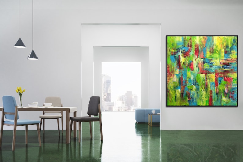 Large Abstract Colorful Canvas Art Modern Geometric Painting with Bold Green Blue and Red Tones Textured Wall Art Contemporary Living Room