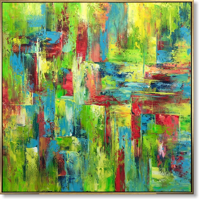 Large Abstract Colorful Canvas Art Modern Geometric Painting with Bold Green Blue and Red Tones Textured Wall Art Contemporary Living Room