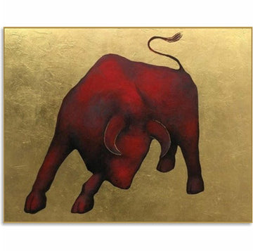 Abstract Bull Colorful Oil Painting Original Red Bull on Gold Leaf Wall Art Modern Animal Artwork for Home UNSTOPPABLE BULL