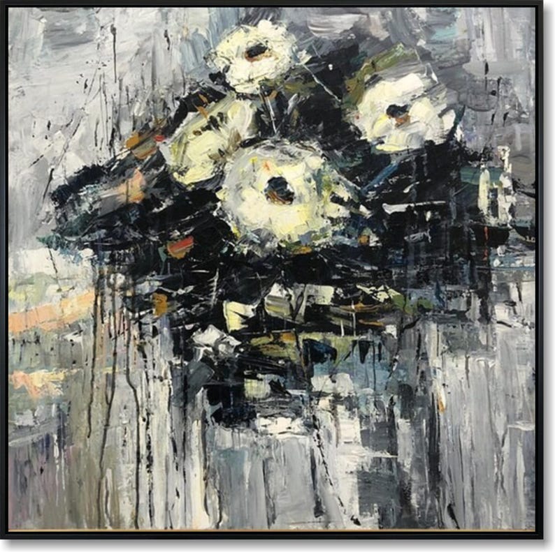 Large Abstract Flower Paintings On Canvas Grey Painting Original Textured Art Floral Painting Modern Wall Art for Living Room Wall Decor