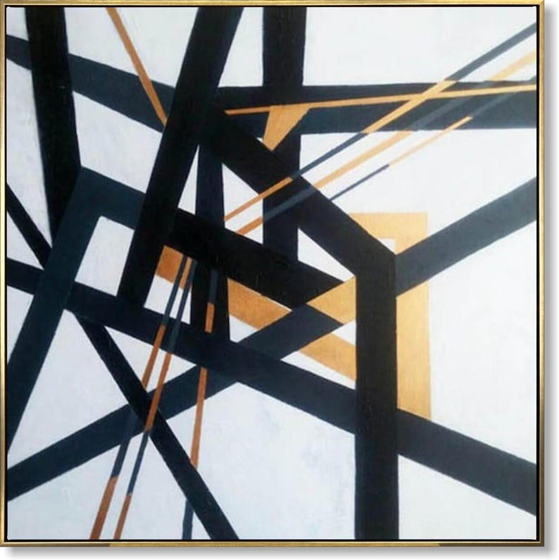 Modern Framed Wall Art Abstract Painting Black and White Gold Minimalist Wall Art Handmade Contemporary Artwork Geometric Painting